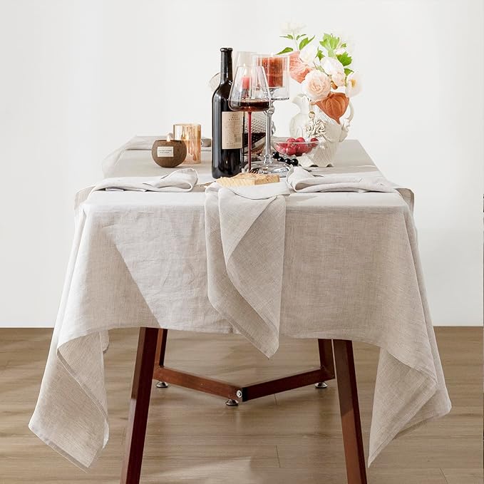 Talasily Linen Tablecloth 100% Pure Linen Table Cloth 60x144 Inches Rectangle Tablecloths Washable Cloths for Kitchen, Dining, Buffet Parties, Holidays, Picnic, Weddings and Restaurants-Natural Linen