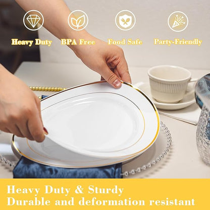 N9R 100PCS Gold Plastic Plates, 10.25 inch White Disposable Dinner Plate with Gold Rim, Heavy Duty Plates for Party Wedding and Birthday