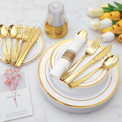 Goodluck 175 Piece Gold Plastic Dinnerware Set for 25 Guests, Fancy Disposable Plates for Party, Include: 25 Dinner Plates, 25 Dessert Plates, 25 Pre Rolled Napkins with Gold Silverware, 25 Cups