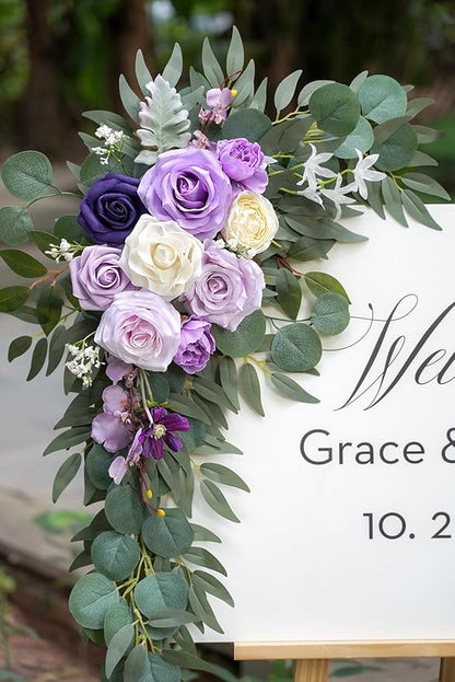 Faux Flower Swag Set of 2 for Wedding Welcome Signs Floral Decorations, Purple Wedding Arch Flowers for Wedding Ceremony (Lilac & Purple & Cream)