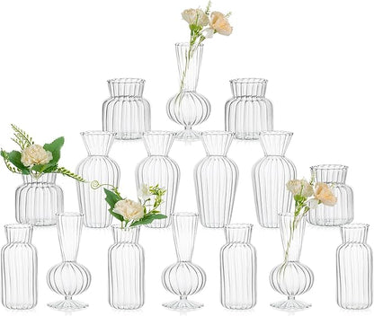 Modern Clear Glass Bud Vase Bulk Set: Glasseam 16Pcs Small Mini Flower Centerpieces Vases Handmade Decorative Cute Short Window Corner Home Decor for Wedding Reception Dining Table Single Rose