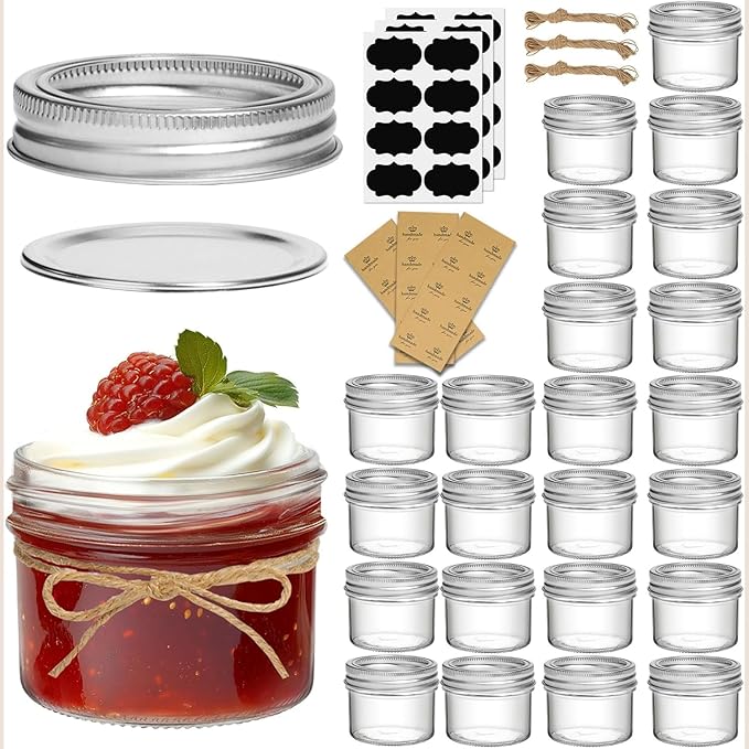 ComSaf Small Regular Mouth Mason Jars 4 oz, 24 Pcs Mini Mason Containers, Small Canning Jars, 4 oz Glass Jar with Lids for Mustards, Dipping Sauces, Jelly, DIY Candle Decor, Wedding Shower Favors