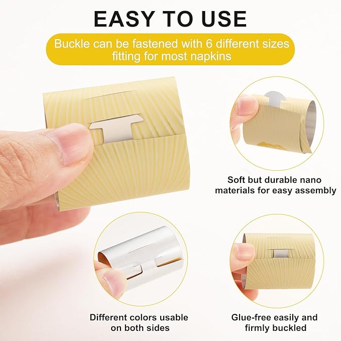 Polymer Material Reusable Napkin Band, Glue-Free Tear-Proof Water Resistant Oil-Proof Napkin Bands Set of 200(Assorted 4 Front Colors and Back Silver), 6 Adjustable Sizes Napkin Rings