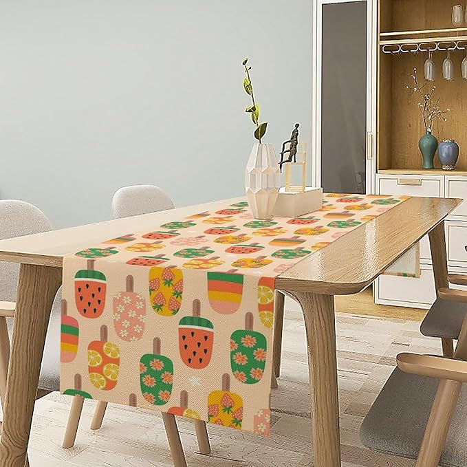 Summer Popsicles Table Runner, Colorful Cute Ice Cream Childish Seasonal Dinner Runner for Party Holiday Home Kitchen Dining Table Decor 13"x108"