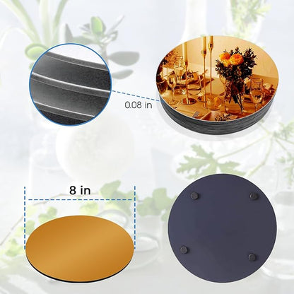 VASUHOME 8" Gold Mirror Centerpieces for Tables, Round Mirror Plates Set for Candle, Wedding, Party Decorations, Circle Mirror Trays with Smooth Edge and Cushioned Feet, 2mm Thick