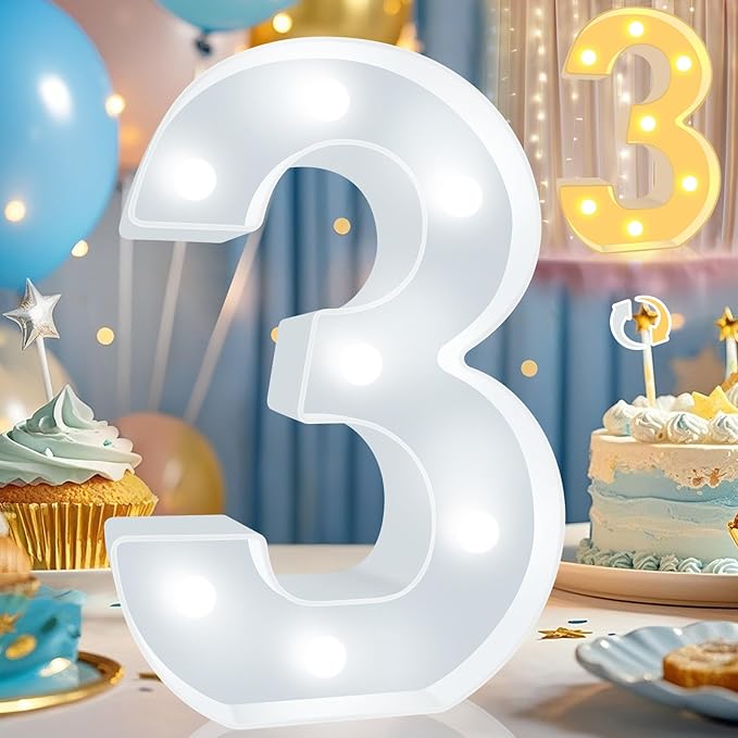 Pooqla LED Light Up Numbers, Warm White and Cool White Decorative Lighted Marquee Numbers, Light Up Numbers for Boys Girls Party, Wedding, Bar, Night Light, Room Decor, Birthday Decoration, Number 3