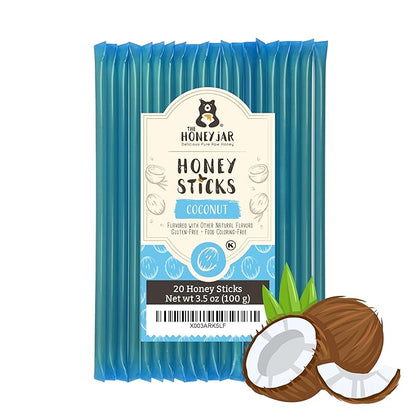 The Honey Jar Coconut Flavored Honey Sticks - Pure Honey Straws For Tea, Coffee, or a Healthy snack - One Teaspoon of Flavored Honey Per Stick - Made In The USA with Real Honey - (20 Count)