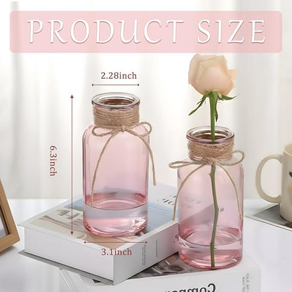 Pink Glass Flower Vases for Centerpieces Set of 12, Mason Jars Boho Cylinder Bud Vases in Bulk, for Weddings Parties Vintage Home Decor