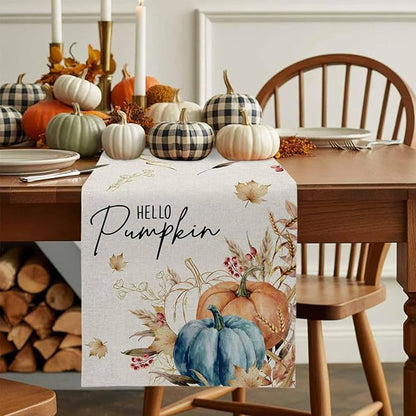 Fall Thanksgiving Cotton Linen Table Runner for Dining Kitchen, Orange Pumpkins Outdoor Party Autumn Tablerunners Decoration, Rustic Wheat Leaves Dresser Scarf Coffee Tablecloth Runners 13x90 Inches