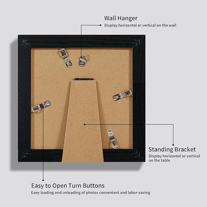 6x6 Picture Frame Set of 4 with High Definition Glass, Black Frames Display 4x4 Picture with Mat or 6 x 6 Without Mat, Square Wood Photo Frame for Wall Mount and Tabletop Display
