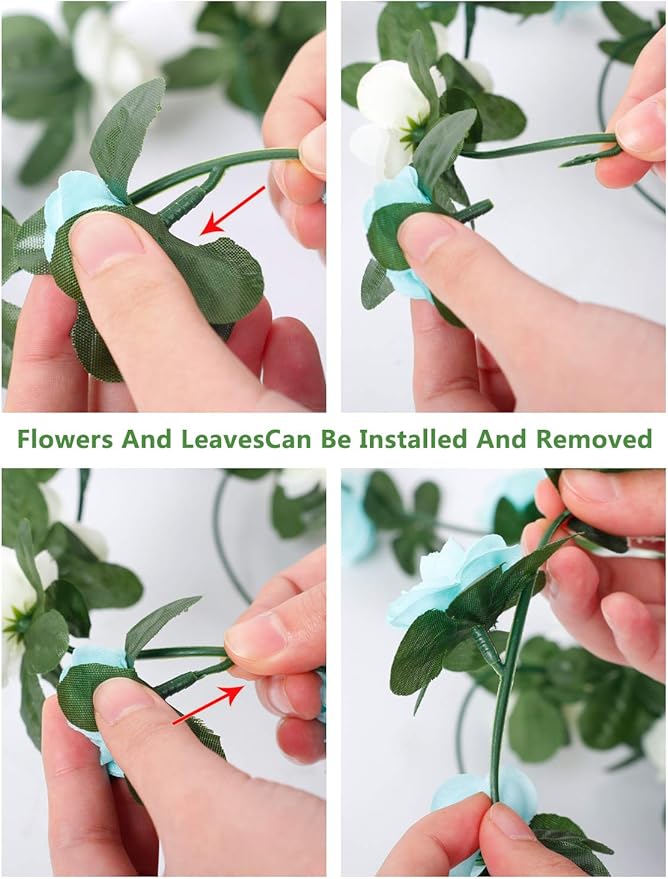 Miracliy 5Pcs 41FT Blue and White Flower Garland Artificial Rose Arch Vines Fake Spring Floral Garland for Flower Wall Backdrop Wedding Mothers Day Garden Tea Party Decoration