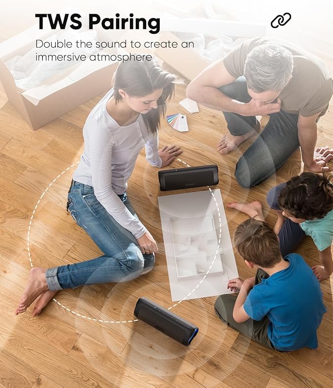 Bluetooth Speaker with HD Sound, Portable Wireless, IPX5 Waterproof, Up to 20H Playtime, TWS Pairing, BT5.3, for Home/Party/Outdoor/Beach, Stocking Stuffers, White Elephant Gifts for Adults (Black)
