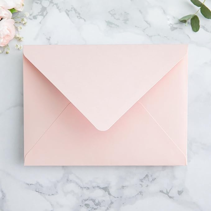PONATIA 50PCS A7 Euro Flap Envelopes, 5.25 x 7.25'' Blush Pink Flowers Liner Envelopes for 5x7 Wedding Invitations, Photos, Postcards, Greeting Cards, Christmas Gift Cards, Acrylic Mailing