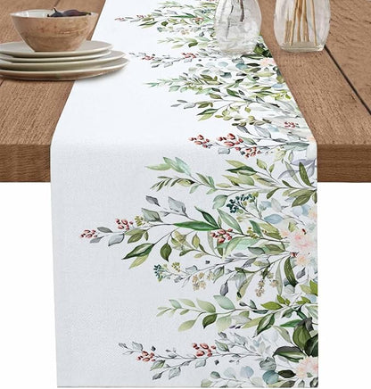 Botanical Eucalyptus Cotton Linen Table Runner for Dining Kitchen, Wedding Outdoor Party Tablerunners Decoration, Sage Green Leaves Elegant Floral Dresser Scarf Coffee Tablecloth Runners 13x90 Inches