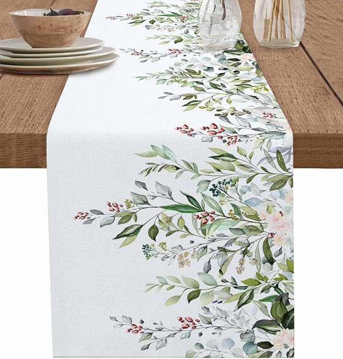 Botanical Eucalyptus Cotton Linen Table Runner for Dining Kitchen, Wedding Outdoor Party Tablerunners Decoration, Sage Green Leaves Elegant Floral Dresser Scarf Coffee Tablecloth Runners 13x48 Inches