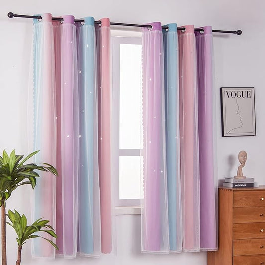 FANLI Ombre Rainbow Blackout Curtains for Kid Girls Bedroom Living Room Darking Stripe Double Layer Star Cut Out Wall Home Decor Gradient Grommet Window Curtains (Pink Purple, 52W x 84L)