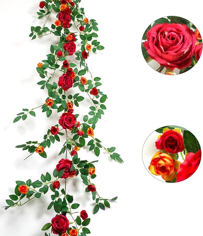 6FT Bendable Flower Garland, Artificial Rose Vine Hanging Floral Garland Decoration for Weding Home Room Wall Decor (Red, 1pcs)