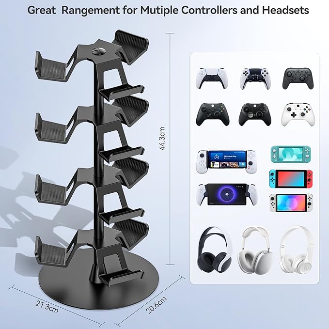 Headset Stand 4 Tiers for Desk, Rotatable Gaming Controller Stand for PS5/PS4/Xbox/Switch2/PS Portal/Phone, Universal PC Gamer Gift Accessory Controller/Headphone Holder for 12 Packs Controller