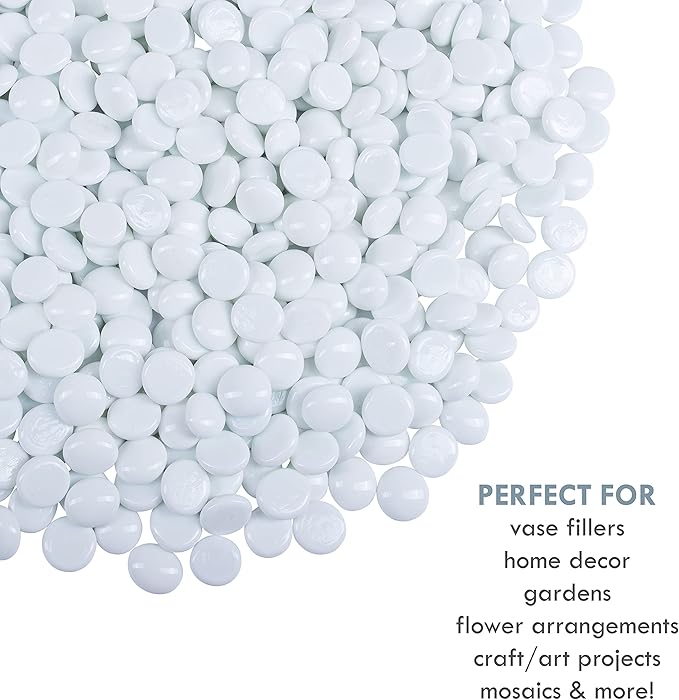Galashield Flat Glass Marbles for Vases White Glass Gems Beads Pebbles Vase Filler (1 LB, Approx. 105 PCS)