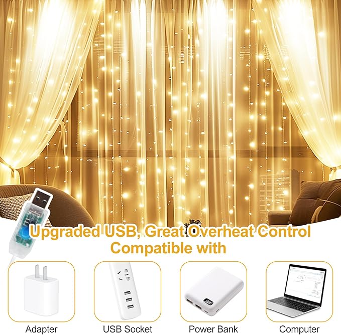 Fairy Curtain Lights Upgraded Tangle-Free Warm White USB Plug in 8 Modes String Hanging Lights with Remote for Christmas, Bedroom, Indoor, Outdoor, Weddings, Party (6.6FTx6.6FT)