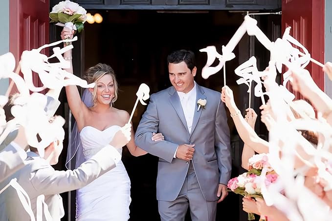 Kingsnow 100 Pieces Lace Wedding Ribbon Wands with Triple Ribbon and Silver Bell Wand Silk Fairy Stick Wand Streamers Party Ribbon Sticks Magic Fairy Wands for Wedding Bridal Shower Photo Prop Send