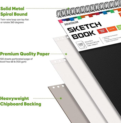 Professional Drawing Supplies for Sketch, Charcoal, Colored, Graphite, Pastel Pencils & Sticks. Soucolor 2-Pack 9" x 12" Sketch Book, 200 Sheets Spiral Bound 68lb/100gsm Paper for Kids Adults Artists