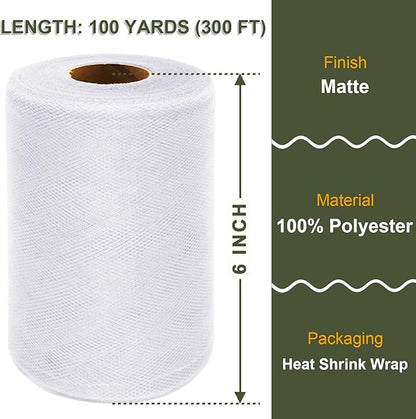 White Tulle Fabric Roll 6 Inch X 300 FT (100 Yards) Matte Tulle Ribbon Netting Mesh Spool for DIY Tutu Skirt Wedding Bow Gift Wrapping Baby Shower Christmas Party Halloween Decorations
