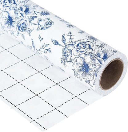 Ulmasinn Blue Floral Wrapping Paper Roll - 17 Inches x 33 Feet - Vintage Toile Blue Floral Design with Cut Lines for Upscale Gifts, Birthday, Bridal Shower, Wedding, Mother’s Day