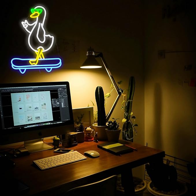 Duck Neon Sign Cool Skateboard Glasses Duck Neon Light for Wall Decor Dimmable Duck Light Up Sign Powered by USB for Living Room Kids Room Art Wall Decor Boys Girls Gifts (16.7”*12.8”)