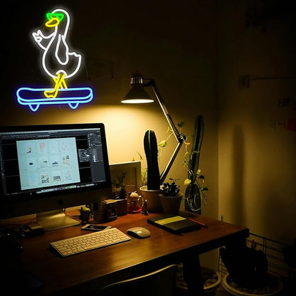 Duck Neon Sign Cool Skateboard Glasses Duck Neon Light for Wall Decor Dimmable Duck Light Up Sign Powered by USB for Living Room Kids Room Art Wall Decor Boys Girls Gifts (16.7”*12.8”)