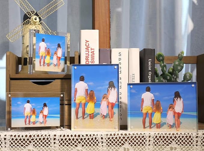 Meetu Acrylic Picture Frame 4x6,Clear Freestanding Double Sided 20mm Thickness Frameless Magnetic Photo Frames Desktop Display with Gift Box Package(5 Pack)
