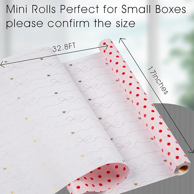 Flyhill Red Polka Dot Wrapping Paper,Reversible Pink Gold Elegant Bow & Heart Gift Wrap Suitable for Birthday,Girls,Baby Shower,Wedding (17 Inch X 32.8 Feet)