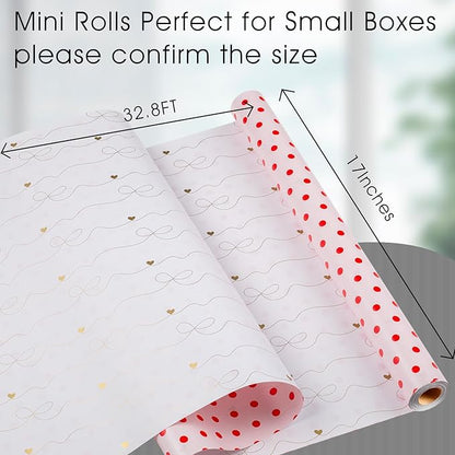 Flyhill Red Polka Dot Wrapping Paper,Reversible Pink Gold Elegant Bow & Heart Gift Wrap Suitable for Birthday,Girls,Baby Shower,Wedding (17 Inch X 32.8 Feet)