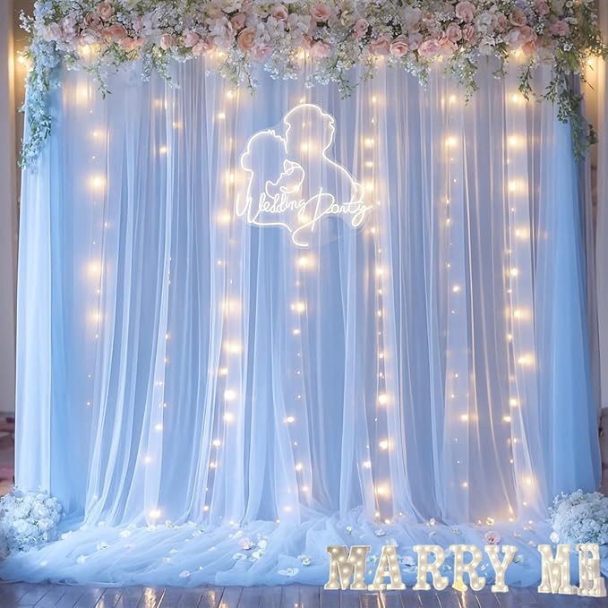 Baby Blue Backdrop Curtains with Lights String for Baby Shower Parties 2 Panels 5×10ft Sheer Tulle Backdrop Curtain Panels for Birthday Party Bridal Shower Photo Shoot Background Wall Decorations