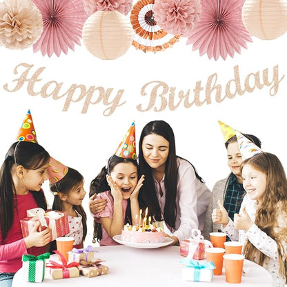 Blush-Pink Rose-Gold Fall Birthday Party-Decorations - 21pcs Boho Happy Banner Sign,Women Paper Lanterns Honeycomb,One Sweet Peach Streamers Garland,Girl Tissue Pom Poms Flowers Fans Decor Burgleda