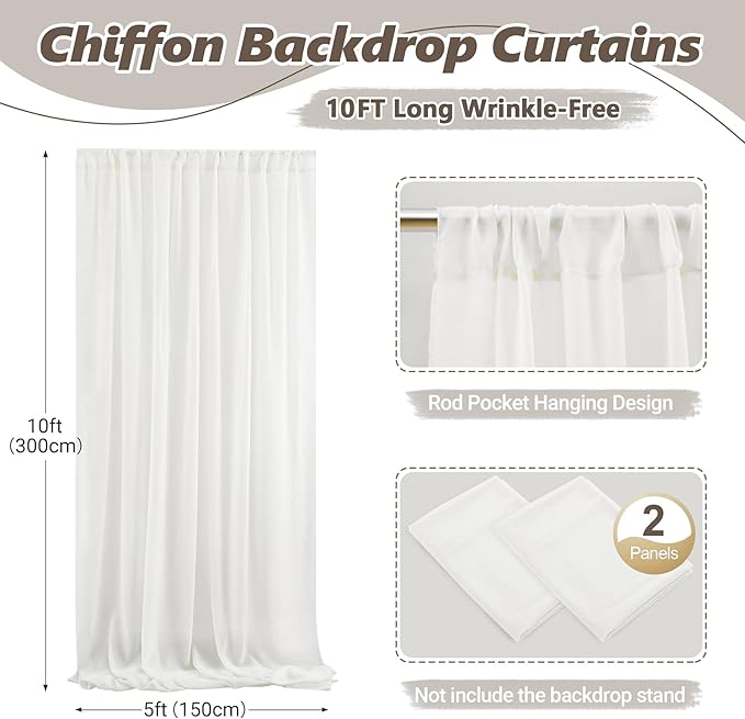 10ft x 10ft Cream White Backdrop Curtains, Wrinkle-Free Sheer Chiffon Fabric Photo Backdrop Drapes for Wedding Arch Party Ceremony Stage Photography Decorations