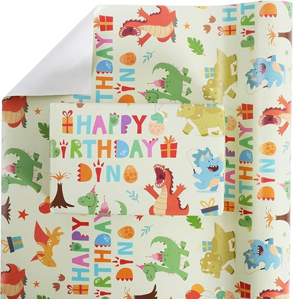 Aimyoo Dinosaur Birthday Wrapping Paper Roll - 17 Inch X 16.4 Feet - Green Happy Birthday Dino Pattern Gift Wrap Paper for Boys Party, Baby Shower, Holiday