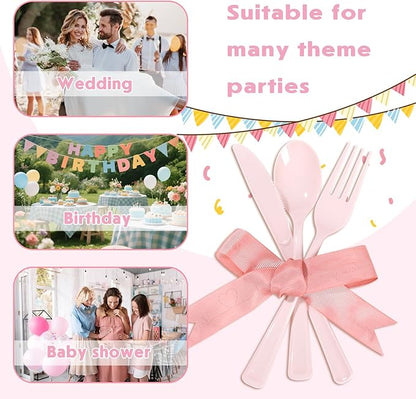 Supernal 300 Pieces Pink Plastic Silverware Heavy Duty Disposable Silverware Pink Utensils Disposable Cutlery Set 100 Forks 100 Knives 100 Spoons for Wedding Party Supplies Everyday Use