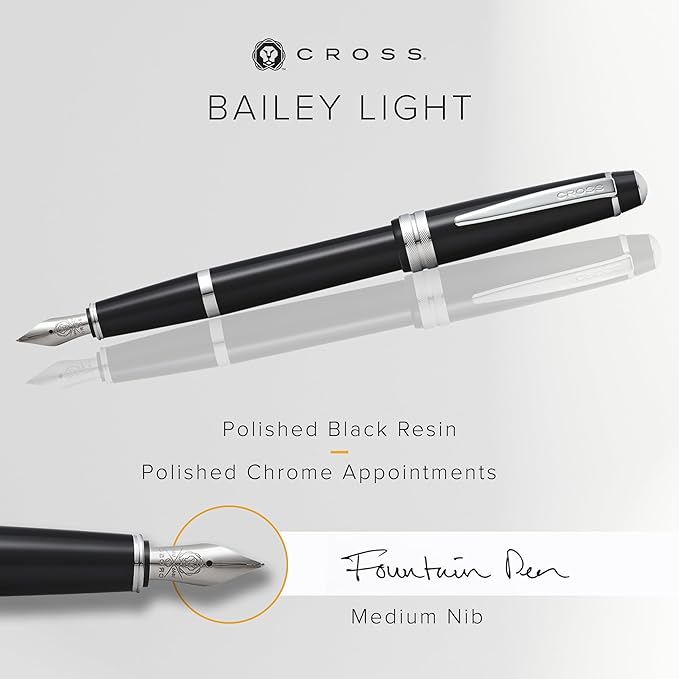Cross Bailey Light Refillable Fountain Presented in a Everyday Gift Box - Medium Point, Black Ink, Polished Black