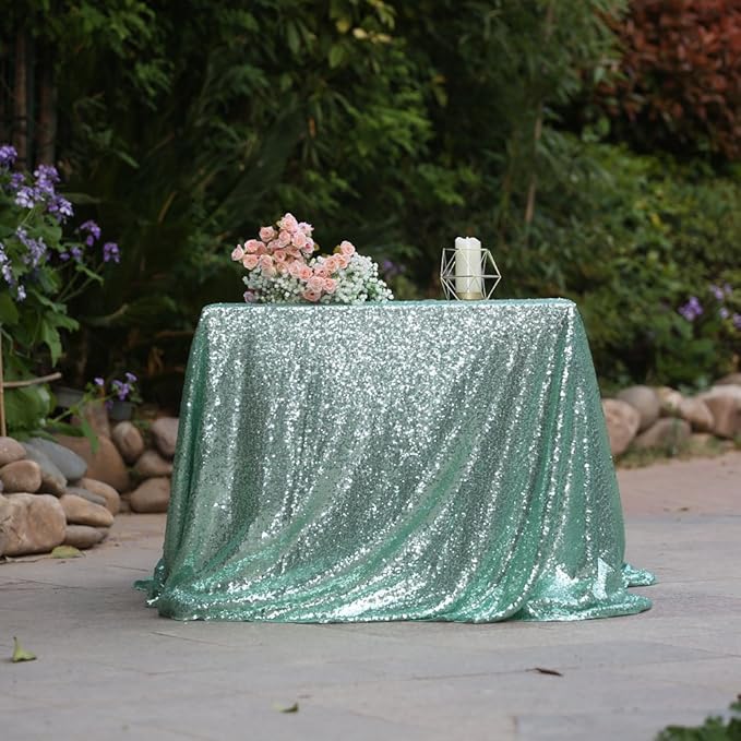 SquarePie Sequin Tablecloth 60 x 120 Inch Mint Green Sparkly Table Linen for Wedding Party