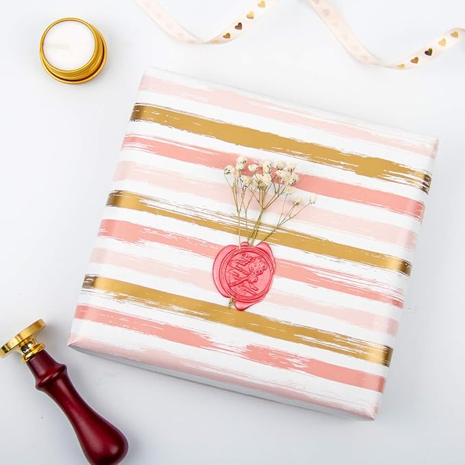 WRAPAHOLIC Reversible Pink Wrapping Paper - Mini Roll - 17 Inch X 33 Feet - Pink Gold Lines and Solid Pink Design for Girls Birthday, Baby Shower, Wedding, Bridal Shower