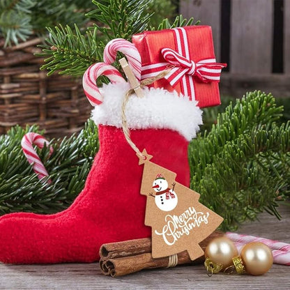 LOKIPA 120 Pieces Christmas Kraft Paper Gift Tags, Xmas Tree Present Hang Labels with 230 Feet Jute Twine Baker Twine for DIY Art Crafts