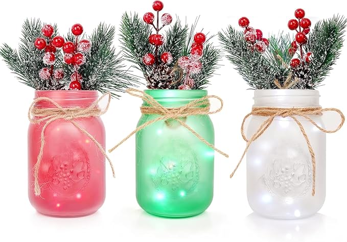 CNVOILA Christmas Centerpiece, Christmas Decor Mason Jars, Mantle Centerpiece Table Decorations, Holiday Table Centerpieces Bulk, Home Mantle Decor, Coffee Table Christmas Decor – 3PC
