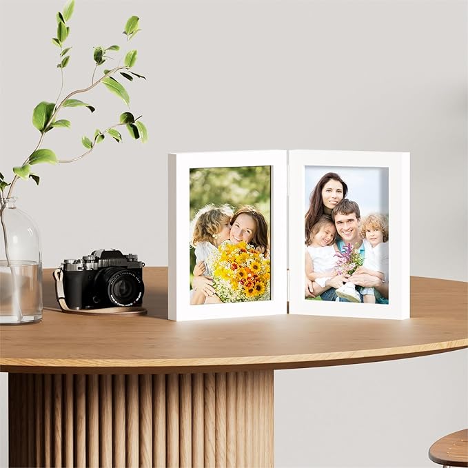 decorUhome Double 5x7 Picture Frame Vertical, Engineered Wood Bifold Photo Frame with Plexiglass for Tabletop Display, 5x7, White