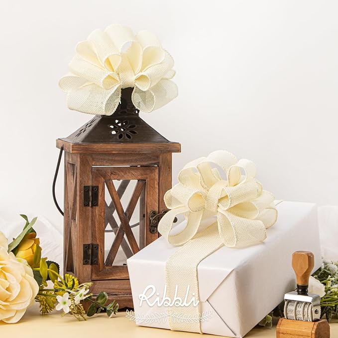 Ribbli Cream Burlap Wired Ribbon,1-1/2 Inch x 10 Yard, Ivory Wired Burlap Ribbon for Big Bow,Wreath,Tree Decoration,Outdoor Decoration