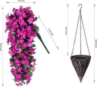 Artificial Fake Hanging Flowers Plants Baskets for Outdoor Fall Decoration, Faux Silk Fuchsia Daisy Mums Trailing Orchid UV Resistant for Home Outside Porch Garden Yard Patio Decor