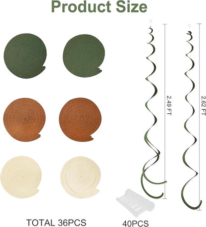 36 Pcs Jungle Hanging Swirl Decorations Sage Green Brown Beige Felt Swirl Streamer Spiral Ceiling Garland for Safari Jungle Woodland Wild One Birthday Neutral Baby Shower Party Decorations Supplies