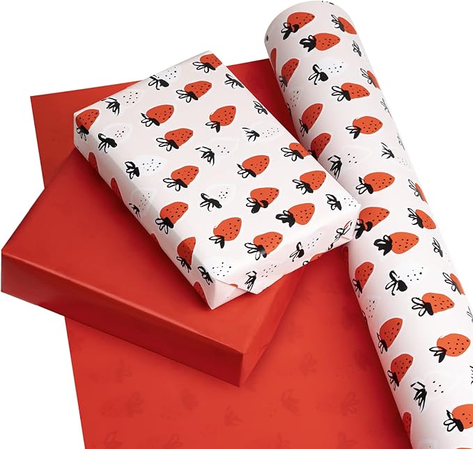 WRAPAHOLIC Reversible Strawberry Wrapping Paper - Mini Roll - 17 Inch X 33 Feet - Sweet Strawberry Design, Perfect for Birthday, Holiday, Wedding, Baby Shower