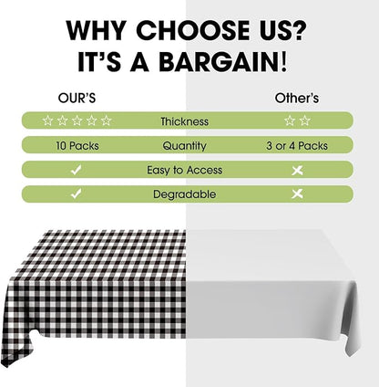 Pureegg Plastic Table Cloth Disposable 10 Pack, 54 x 108 Inch Table Cloths, Party, Picnic, Decorative Gingham Tablecloths, Rectangle, Black and White Checkered Cover, Leakproof & Sturdy, Black Plaid