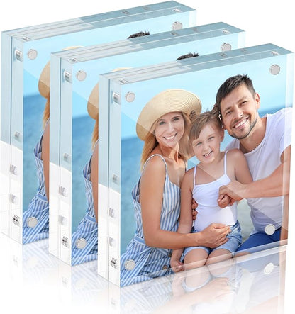 HOUSE DAY Acrylic Picture Frames 4x4, 3 Pack Magnetic 4 x 4 Picture Frame, Double Sided Clear 4x 4 Photo Frame with Microfiber Cloth, Frameless FreeStanding 4x4 Frame Gift for Desktop Display